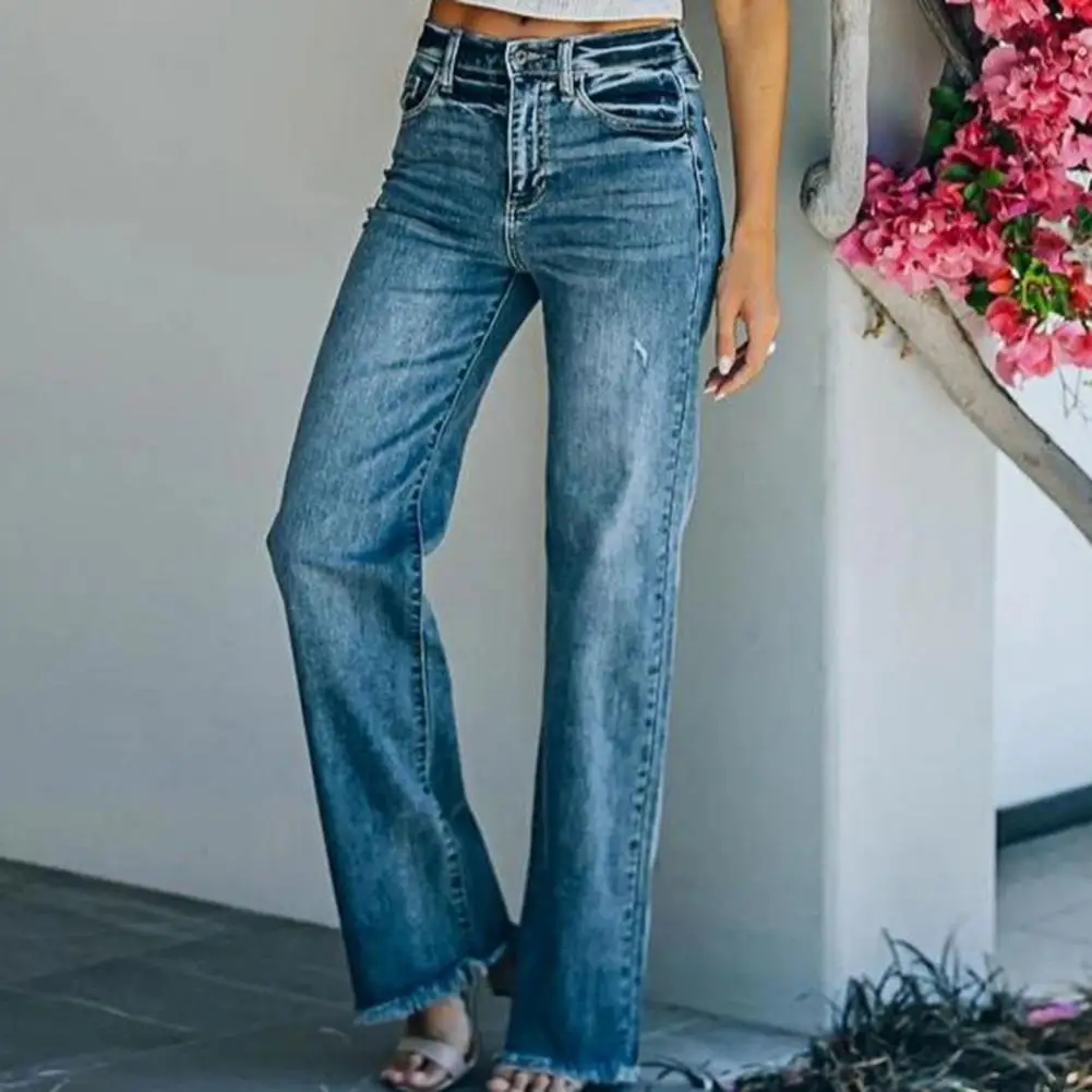 

Jeans Mid Waist Rapped Straight Vintage Hole Women Trousers for Daily Wear