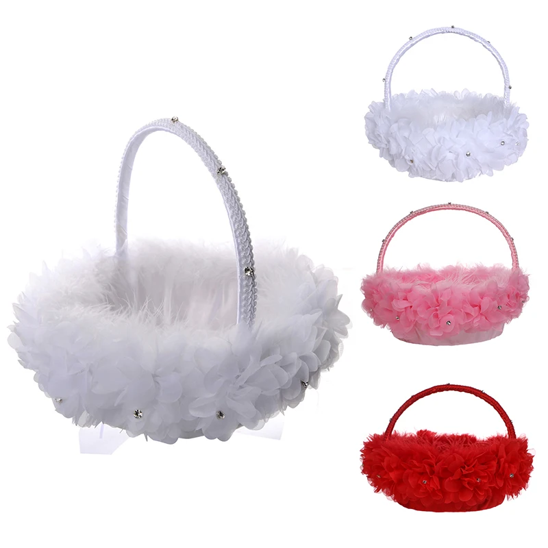 

1pcs wedding supplies wedding flower girl portable flower basket white lace and ostrich hair bridal flower basket J8A6119
