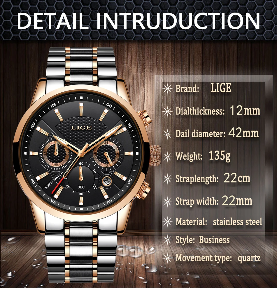 Reloj hombre модные золотые мужские часы lige top класса люкс Бизнес Нержавеющая сталь Водонепроницаемый кварцевые часы Для мужчин, спортивные часы