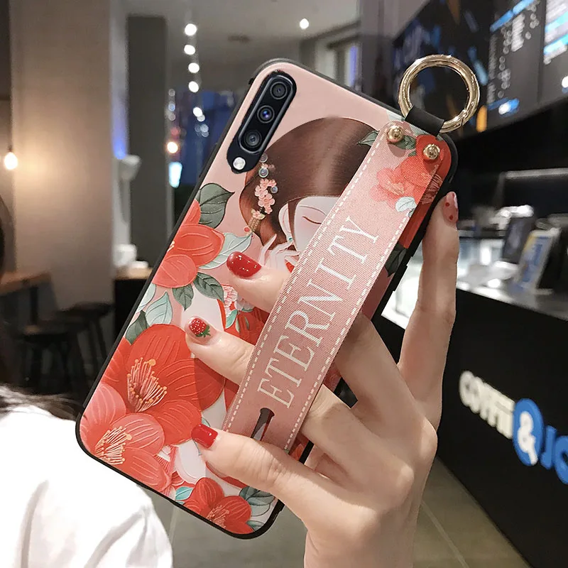 Небесно-голубой Матовый чехол с 3D рельефным цветком для samsung Galaxy S10e S9 S8 S10 Plus Note 8 9, ремешок на руку, мягкий чехол, роскошный чехол с подставкой - Цвет: Небесно-голубой