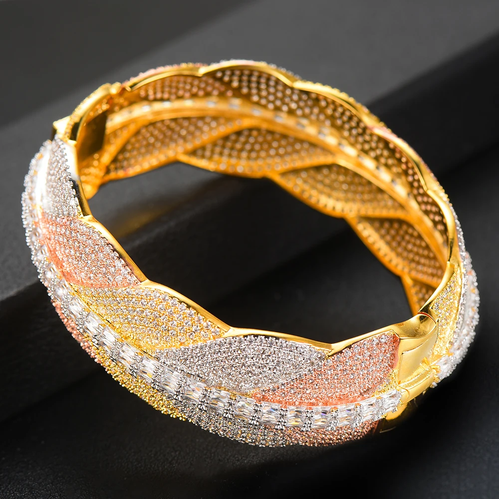 

Brand Luxury Big Delicate Bangle Ring Set For Women Full Micro Cubic Zircon Pave Party Wedding Saudi Arabic Dubai Jewelry
