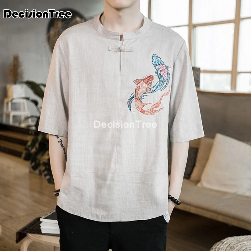 

2021 chinese style men shirt half sleeve solid casual cotton streetwear men shirt man kimono shirt men clothes