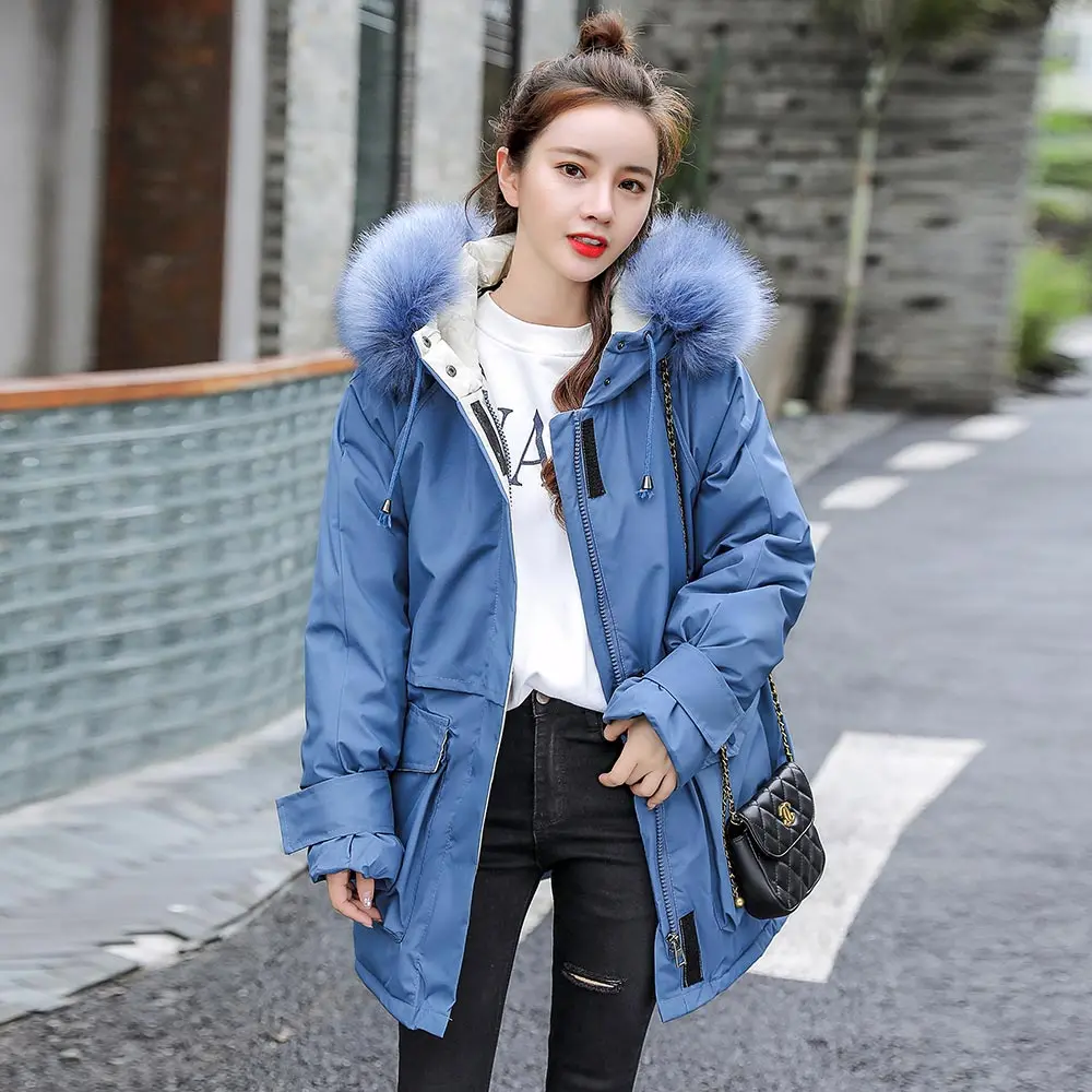 GRELLER 2020 New Fashoin Thick Loose Medium Long Winter Jacket Women Casual Big Pockets Hooded Fur Collar Winter Parkas Coat