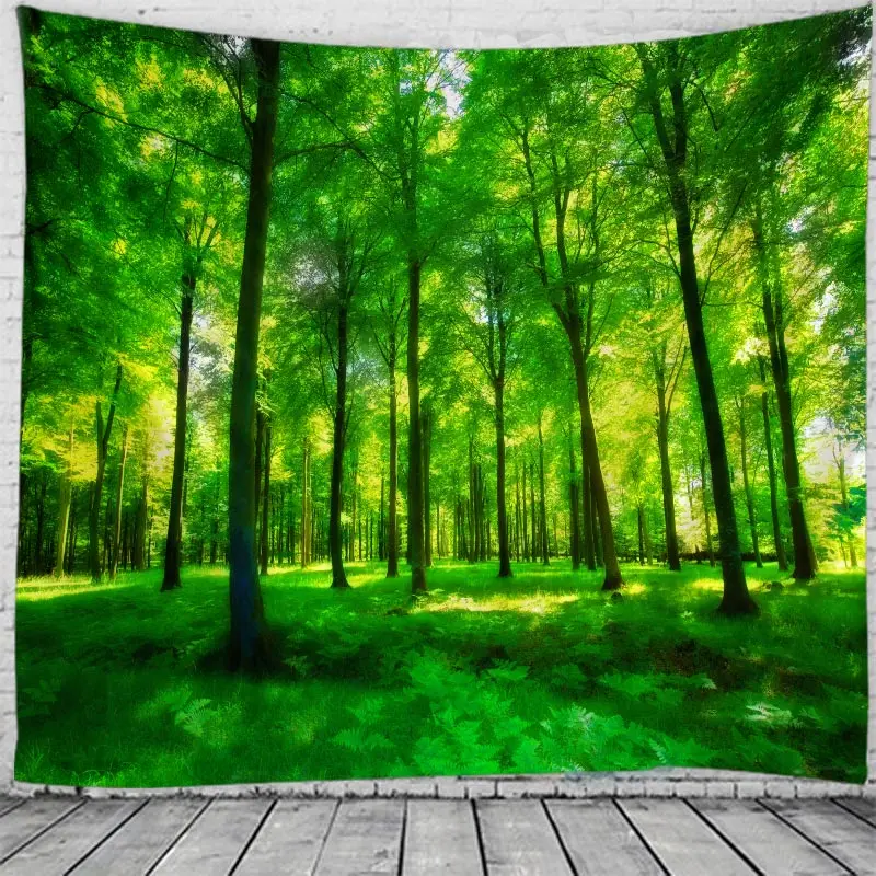 

Green Forest Tapestry Wall Hanging Nature Landscape Tapestry Sunshine Through Tree Tapestries for Bedroom Living Room Decoration