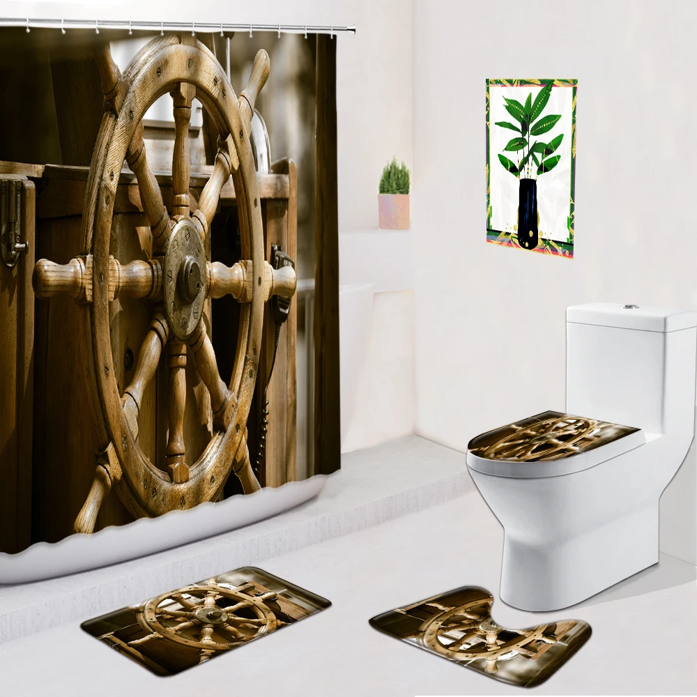 

Boat Rudder Shower Curtains Lighthouse Starfish Tropical Summer Beach Bathroom Decor Non-Slip Carpets Toilet Foot Pad Bath Mat