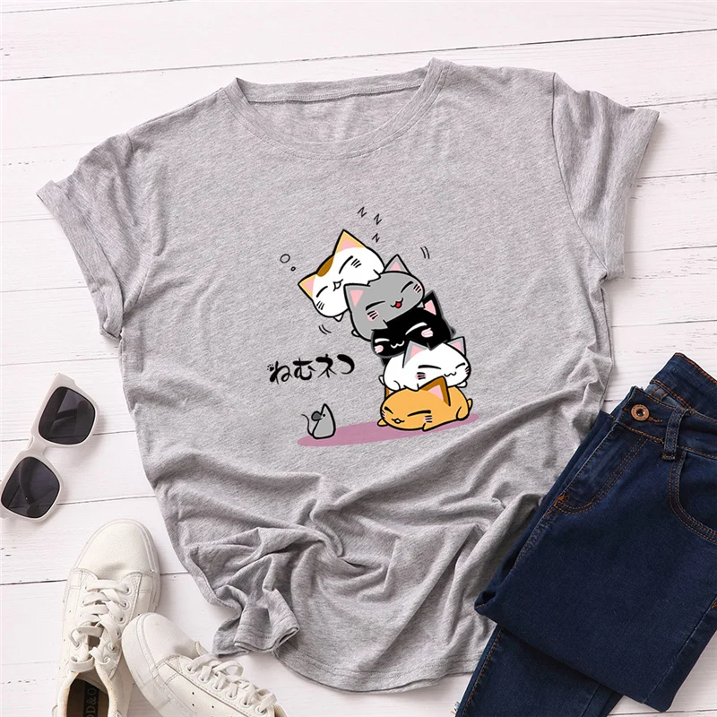 

Funny Casual Female Tees Cartoon Happy Cat Printed T Shirt Women Summer Short Sleeve Basic T-Shirt Harajuku Oversized Lady Tops