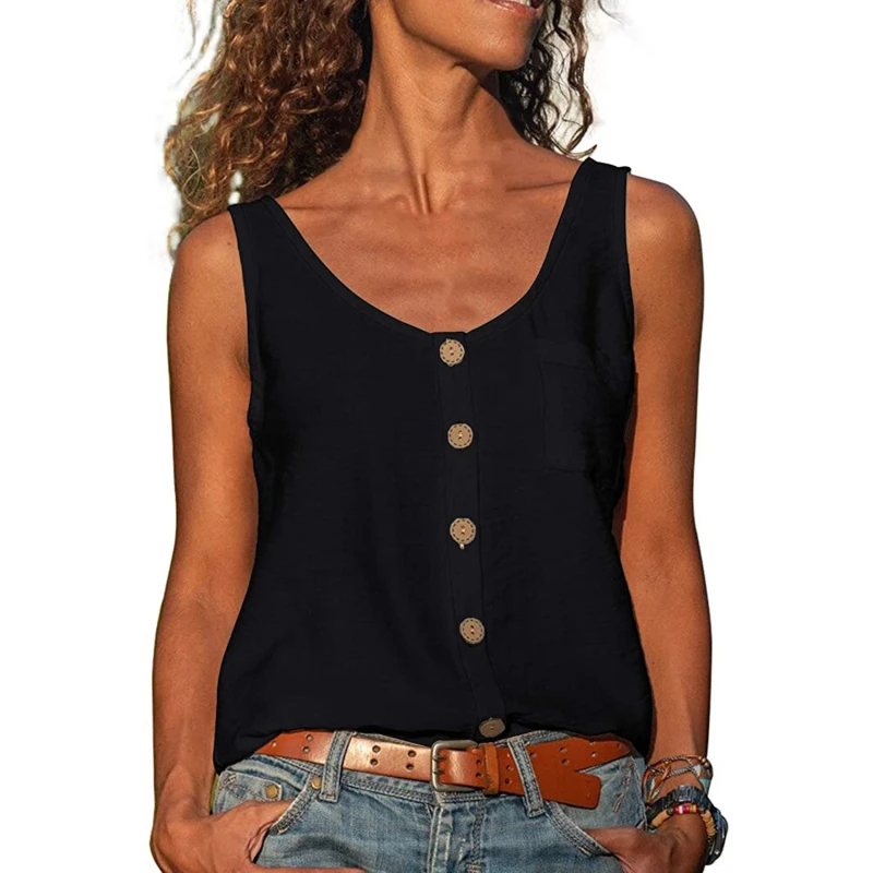 

Женская майка на пуговицах, свободная однотонная блузка без рукавов с V-образным вырезом и карманами, лето 2021