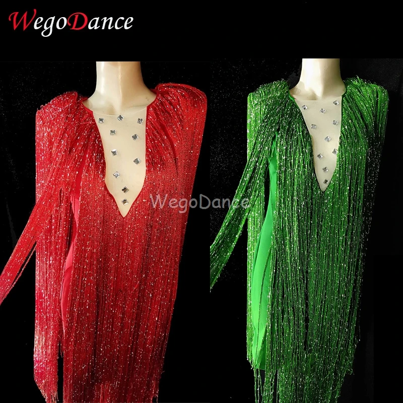 

New Long Sleeves Full Fringe Dress Women Sexy Stretch Outfit Short Dress Bar Dance Birthday Tassel Dresses