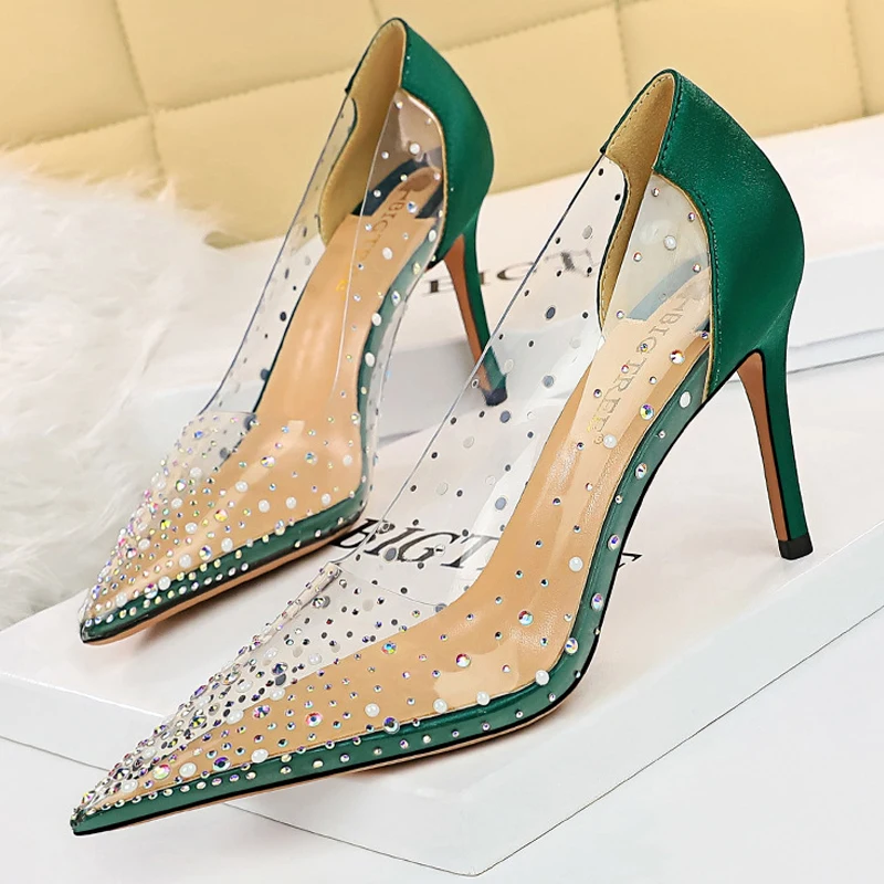 

BIGTREE Shoes Sparkle Rhinestones Kitten Heels Women Pumps PVC Transparent High Heels Pointed Toe Women Heels New Banquet Shoes