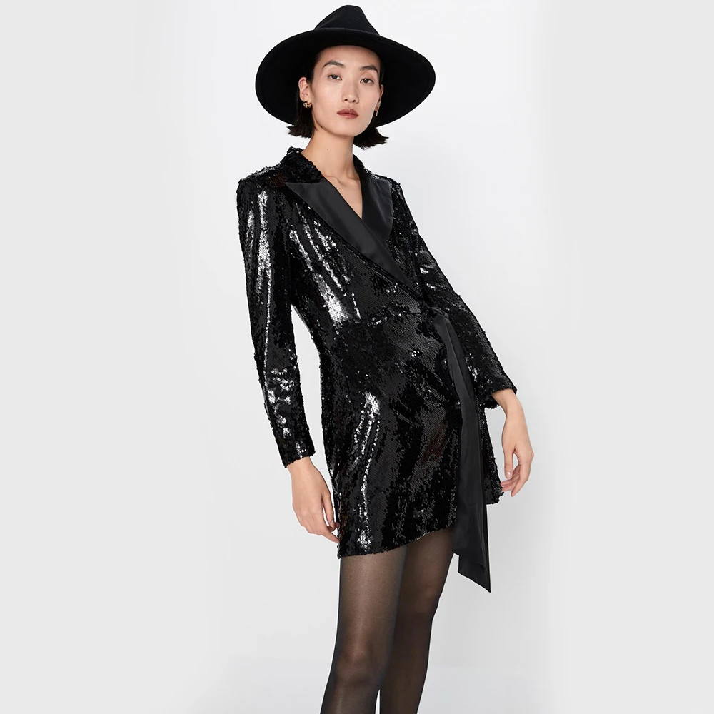 Новинка 2020 женское платье ZA расшитое блестками с воротником короткое блестящее