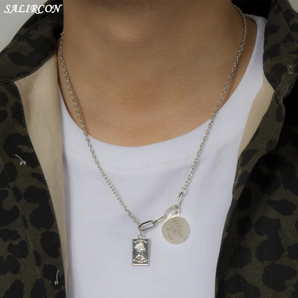

Goth Simple Geometric Portrait Pendant Necklace for Men Women Kpop Aluminium Link Chain Necklace Vintage Fashion Jewelry 2021
