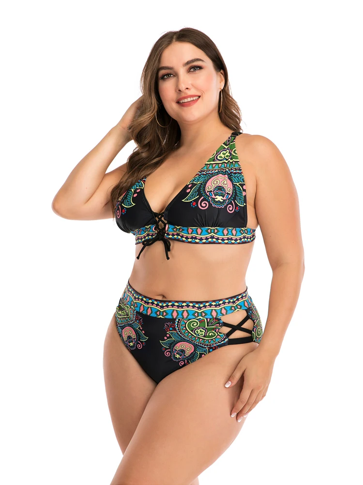 L-4xl Plus Size Badmode Women 2021 Brazilian Bikini Set High Waisted Sexy Print Push Up Badsuit For Large Breasts Two Pieces