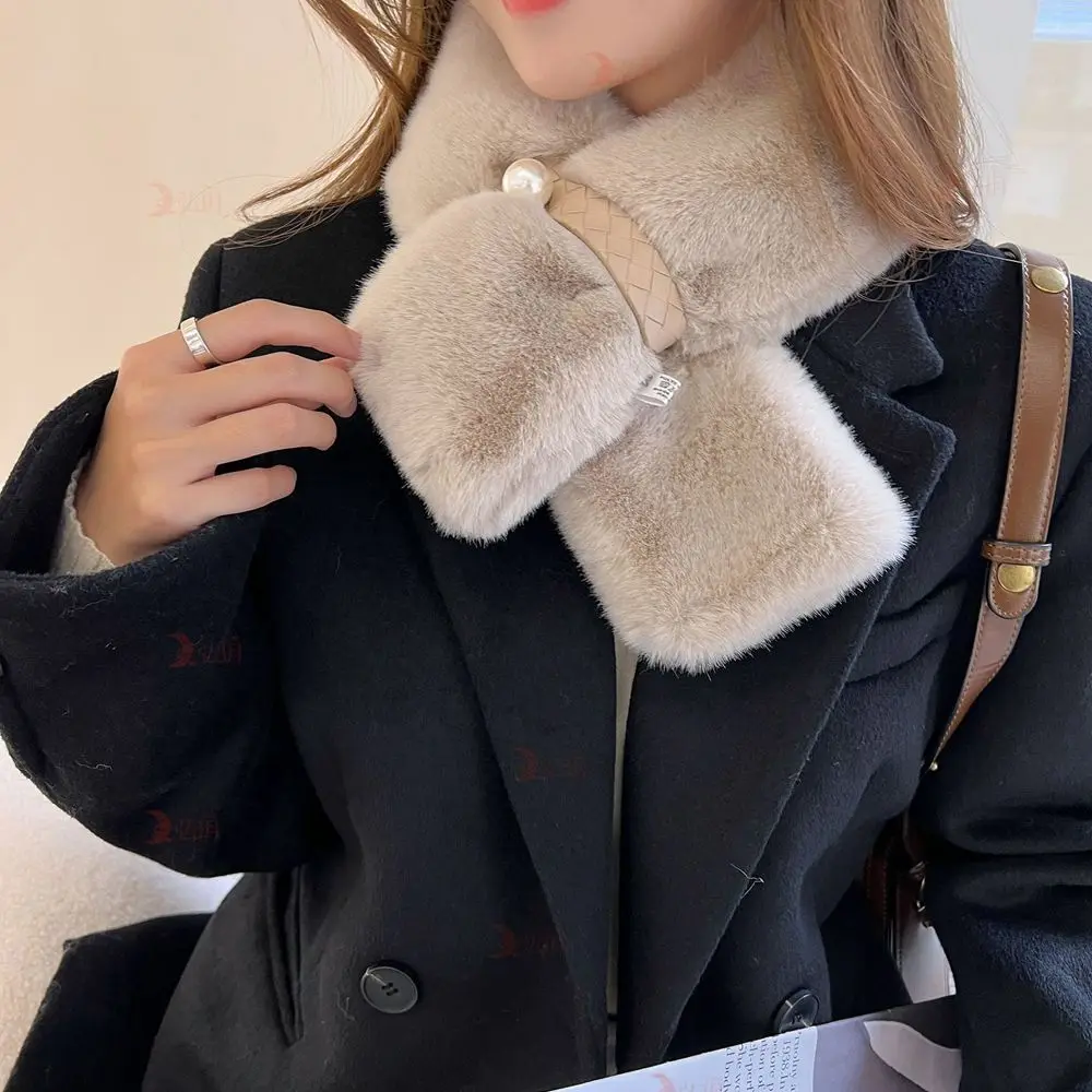 

Шарф из кроличьего меха, женский маленький кожаный ремень в стиле благовоний, искусственный жемчуг, осенне-зимний плюшевый теплый шарф, шал...