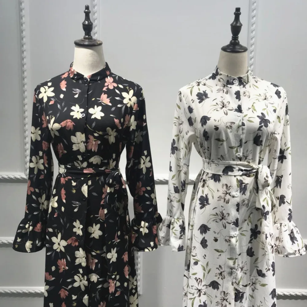 

Elegant Print Floral Abaya Full Dress Flare Sleeve Muslim Long Robe Gowns Jubah Ramadan Worship Service Islamic Prayer Clothing