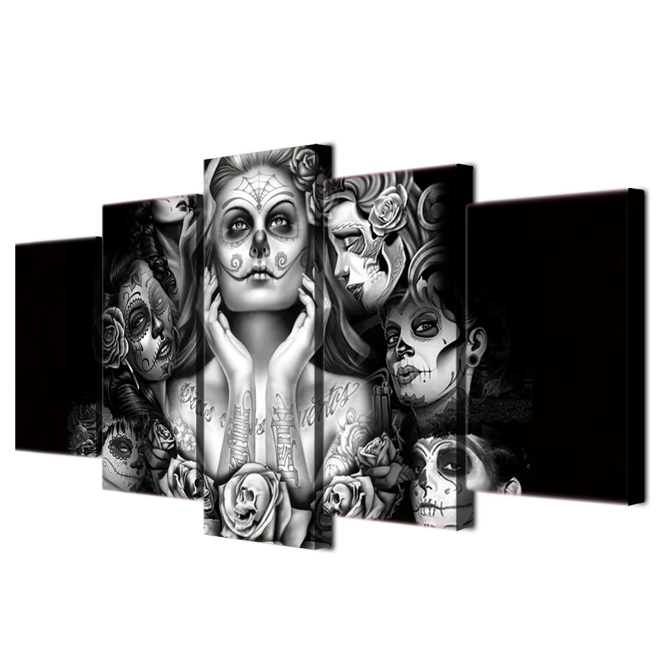 

Wall Art Posters Home Decor For Living Room Frame Canvas Skull Pictures 5 Pieces Day Of The Dead Face Painting HD Printed PENGDA