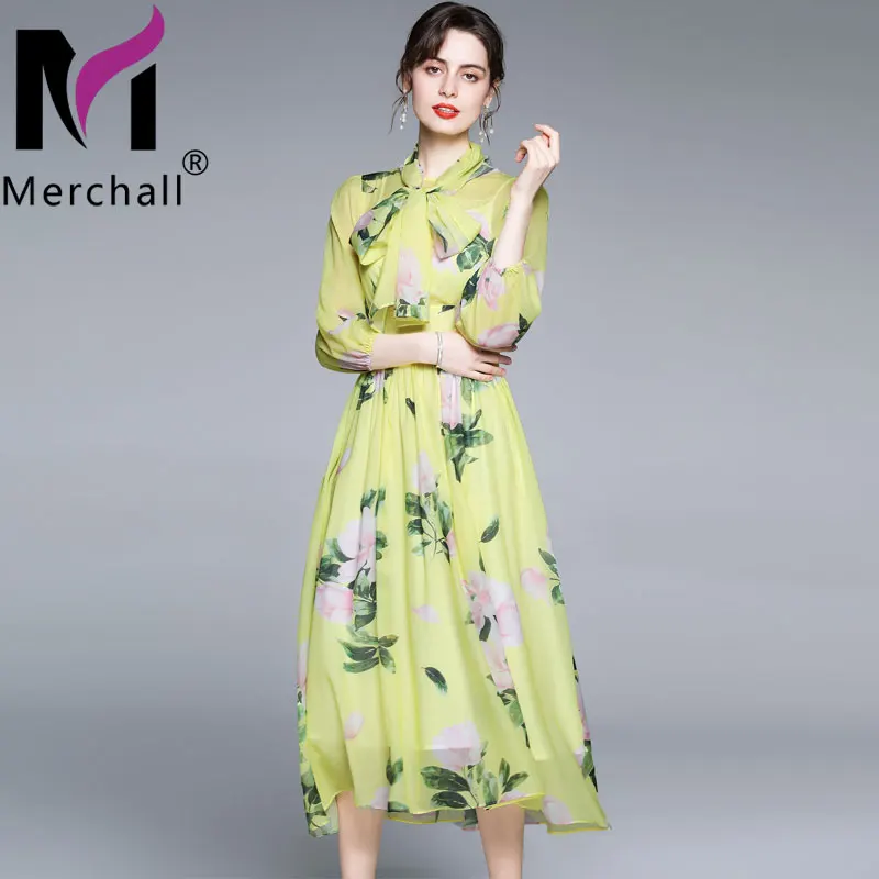 

Merchall 2021 Fashion Runway Summer Vacation Green Dress Women Elegant Bow Rose Flower Print Chiffon Vintage Maxi Robe M76607