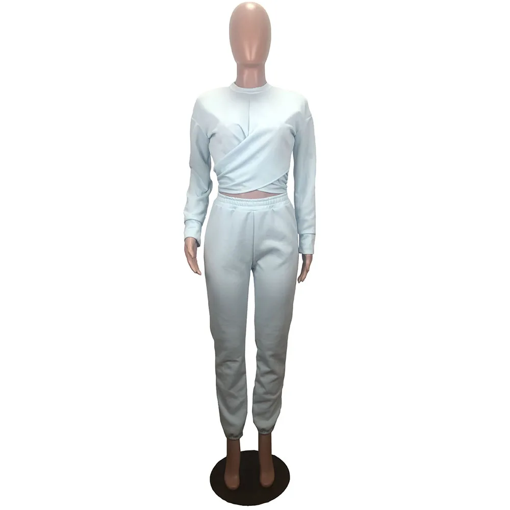 

Women Fitness Tracksuit 2 Piece Club Outfits Ruched Long Sleeve Crop Top+high Waist Bodycon Trousers Activewear Skinny Outwear