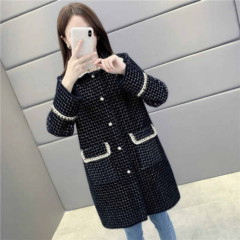 

] Korea Coat Women's 2021 New Fashion Autumn Winter Loose Thickened Medium Long Knitting Sweater Cardigan Female X876