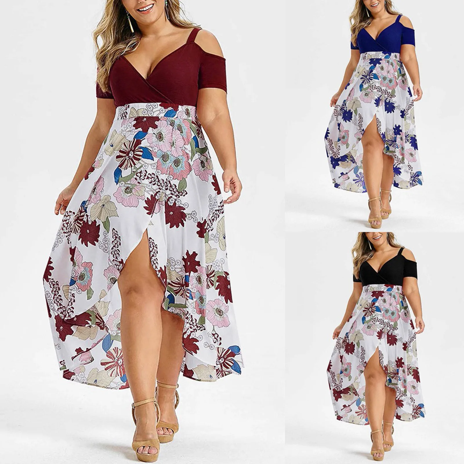 

Vintage Dress Plus Size Women Casual Short Sleeve Cold Shoulder Boho Flower Print Long Dress Large Size Платье На Новый Год 2022