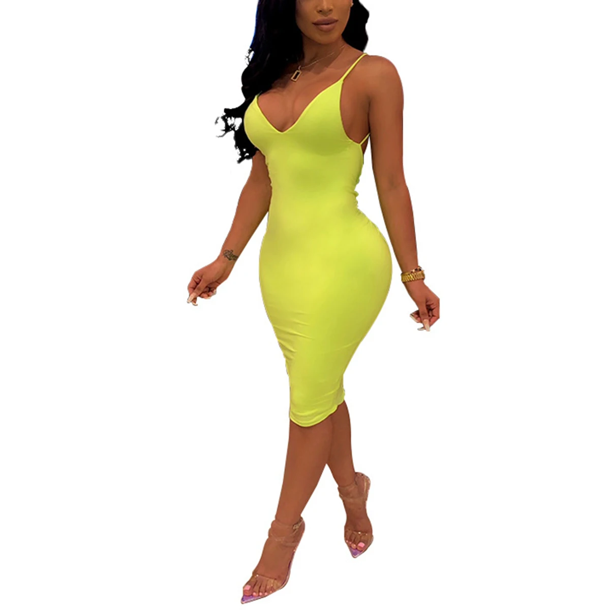 Женское однотонное платье тонкое с глубоким v образным вырезом на тонких