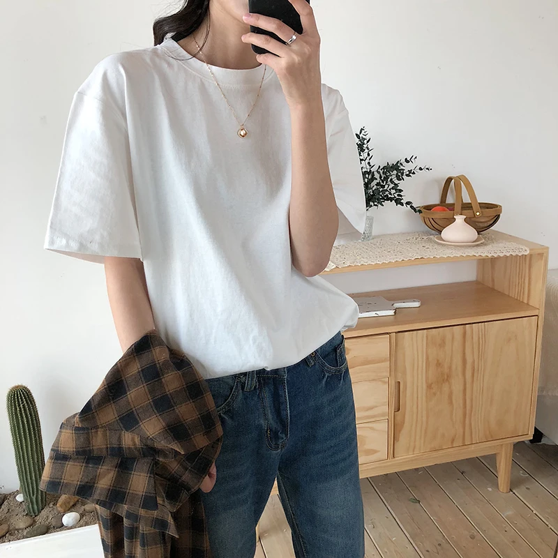 

2021 New Summer T Shirt Women Soft Free Loose Hot Sale Solid Fresh Casual Natural Short Basic Shirts 4 Colors