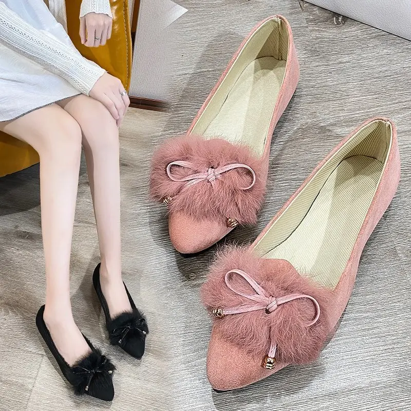 Мех из материала на основе хлопка Женские туфли плоской подошве с бантом низкие