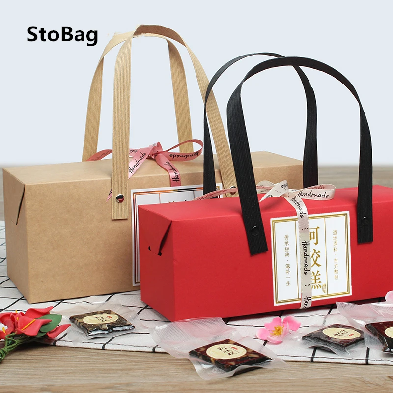 

StoBag 10pcs Kraft/Red Paper Protable Box Wedding DIY Handmade Gfit Supplies Baby Shower Kind Favor Candy Baking Packaging