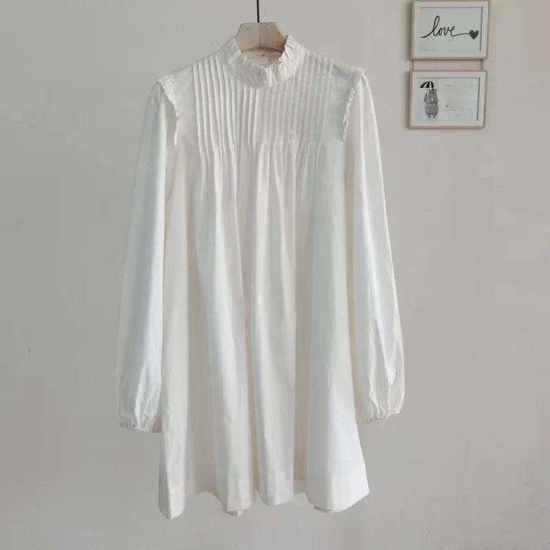 

Japan Style Office Lady Elegant Mini Dress Stand Collar Puff Long Sleeve Loose Dresses for Women 2021 Spring Chic Solid Vestidos