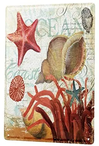 

Декоративный жестяной знак Декор бляшек ветеринара практики ракушка Морская звезда водорослей металлическая пластина 8X12