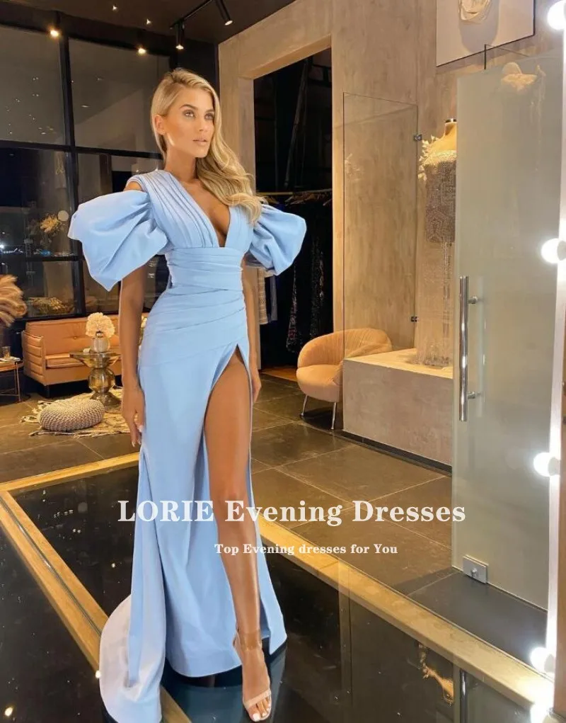 

LORIE Sexy Evening Dresses Long V-Neck Pleats Short Puff Sleeves High Side Split Formal Arabic Prom Gown Celebrity Party Dress