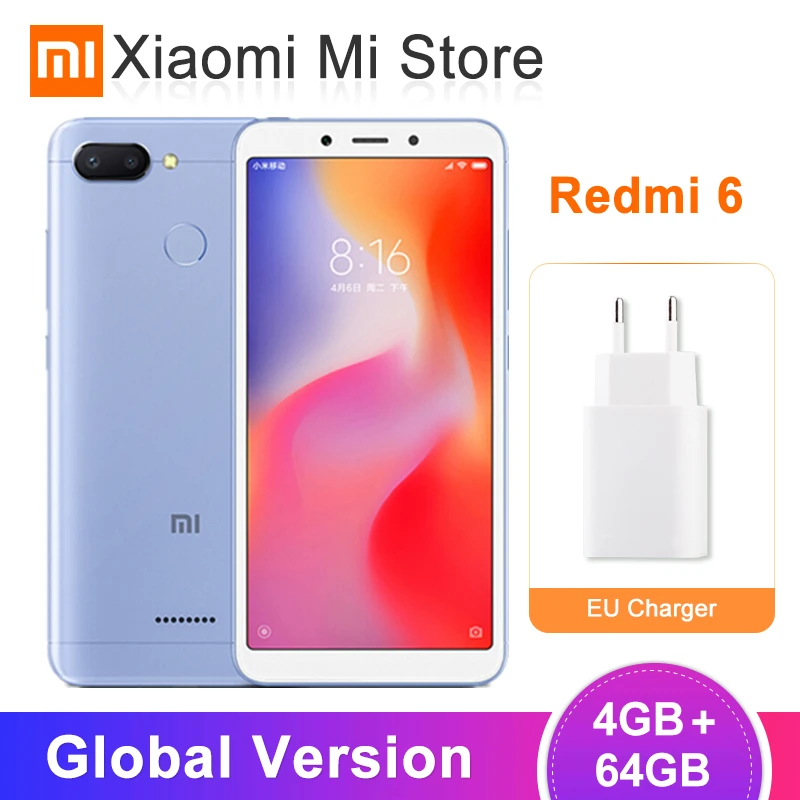 Xiaomi Redmi 6 смартфон с восьмиядерным процессором Helio P22 ОЗУ 4 Гб ПЗУ 64 ГБ 12 Мп + 5 МП 45