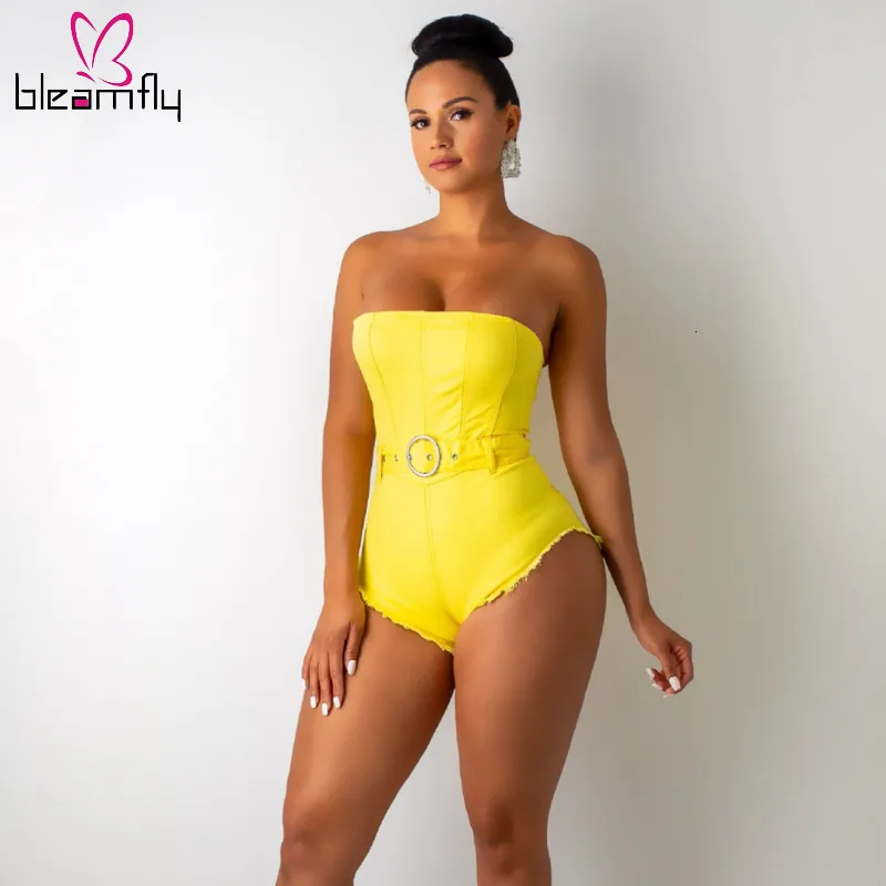 Женский Летний комбинезон без бретелек с высокой талией облегающий джинсовый