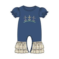 summer girls clothes elastic cuffs navy blue short sleeve easter three brown cross embroidery pattern toddler baby romper