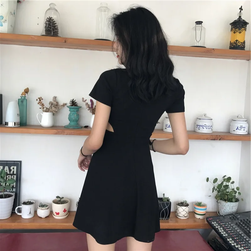

Summer New Sexy Slim Fit Dress Round Neck Short Sleeves Dress Fashion Hollow Out Solid Dresses For Women Red Black M