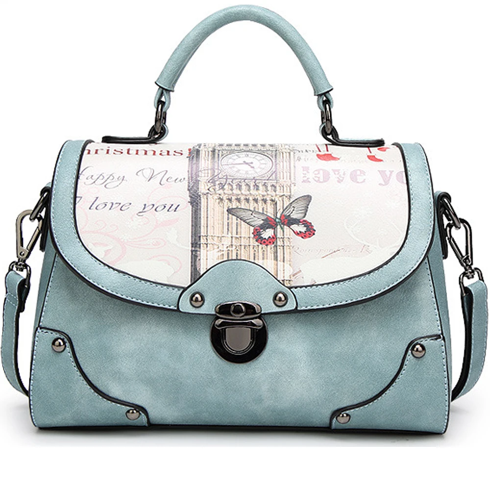 Женская винтажная сумка через плечо синяя с цветочным принтом и бабочкой лето