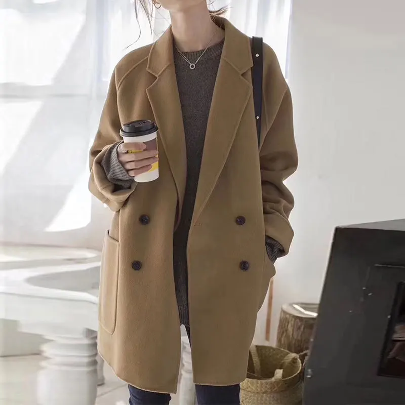 

new fashion women clothing Autumn midi length loose jacket coat female brown korean bouble collar long coat pocket japan office