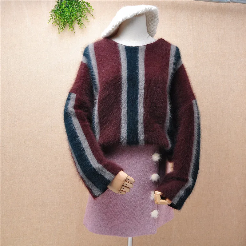 

Женский полосатый кашемировый пуловер с круглым вырезом и длинными рукавами