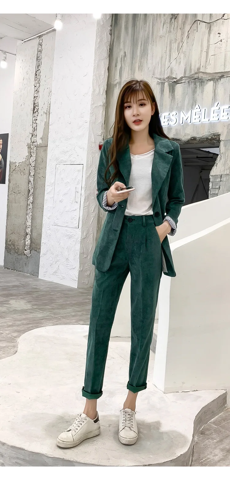 Корейский S-XL размера плюс вельветовый осенний Блейзер костюм Женский Длинный блейзер пальто+ кнопки карандаш брюки из двух частей набор для женщин Весна