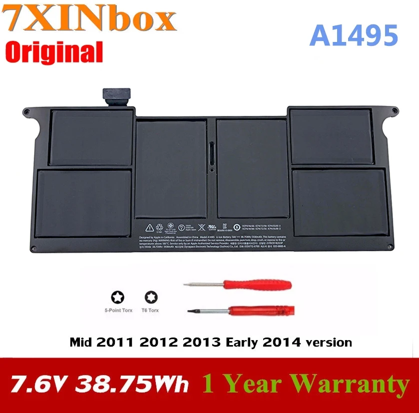 

7XINbox Original A1495 7.6V 38.75Wh Laptop Battery For APPLE Macbook Air 11" Inch A1465 A1370 Mid 2011 2012 2013 Early 2014