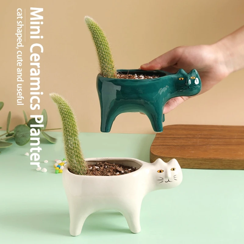 

Cartoon Cat Flowerpot Succulent Planter with Drainage Ceramic Plant Flower Pot Garden Cactus Plants Potted Vase H58C