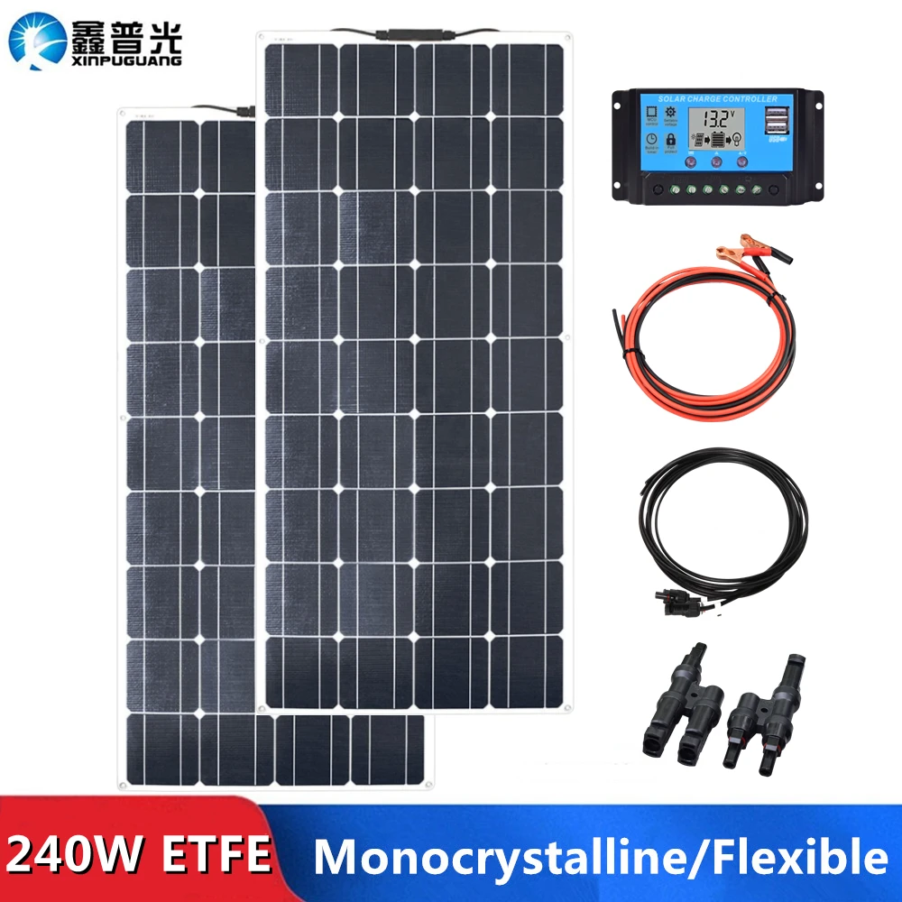 

240W ETFE Flexible Solar Panel Kit Monocrystalline Cell 18V 120W PV Panels 12V 24V Battery Charger RV Home Photovoltaic System