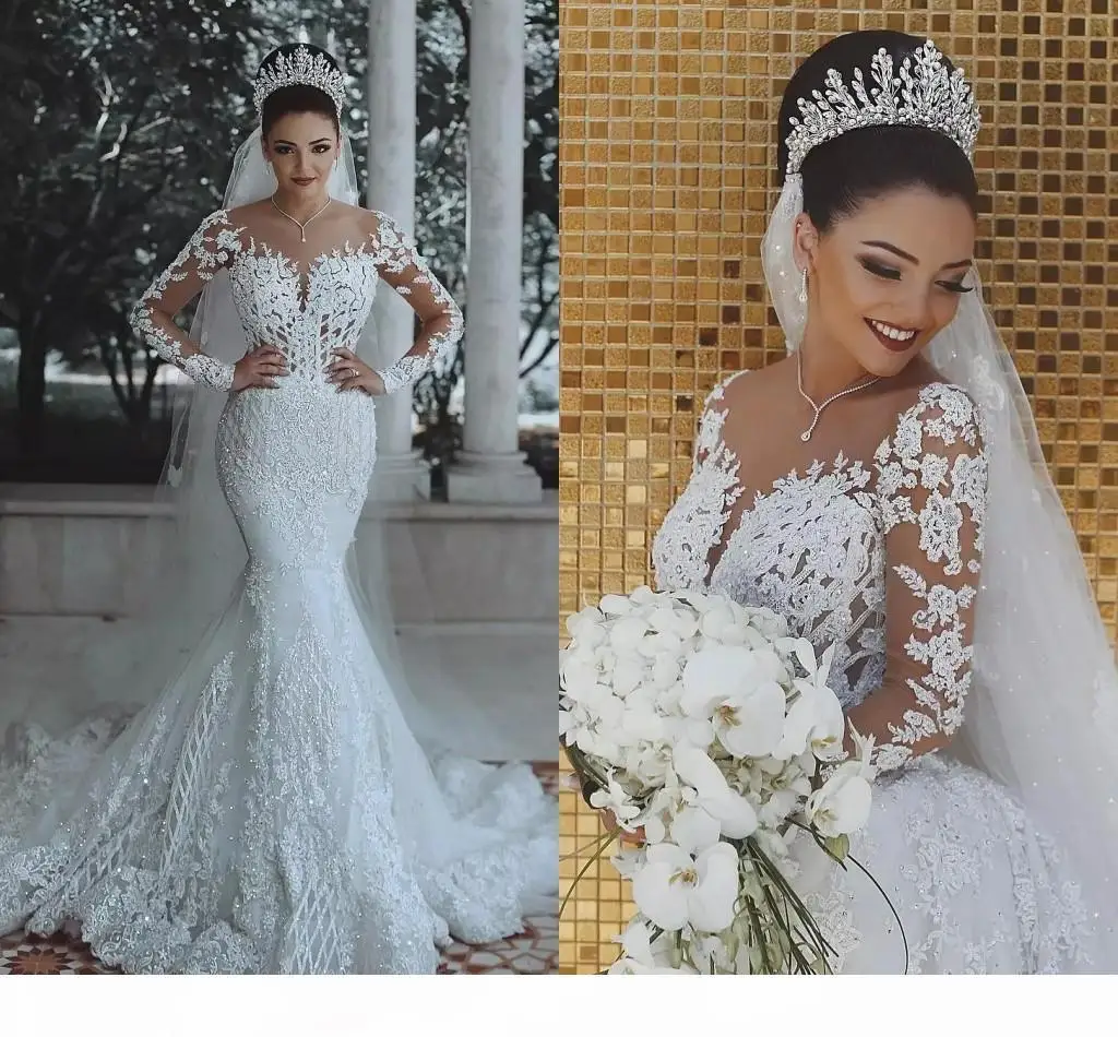 

Vintage Arabic Wedding Dresses Illusion Long Sleeves Lace Appliques Sequined Mermaid Bridal Sweep Train Wedding Gowns