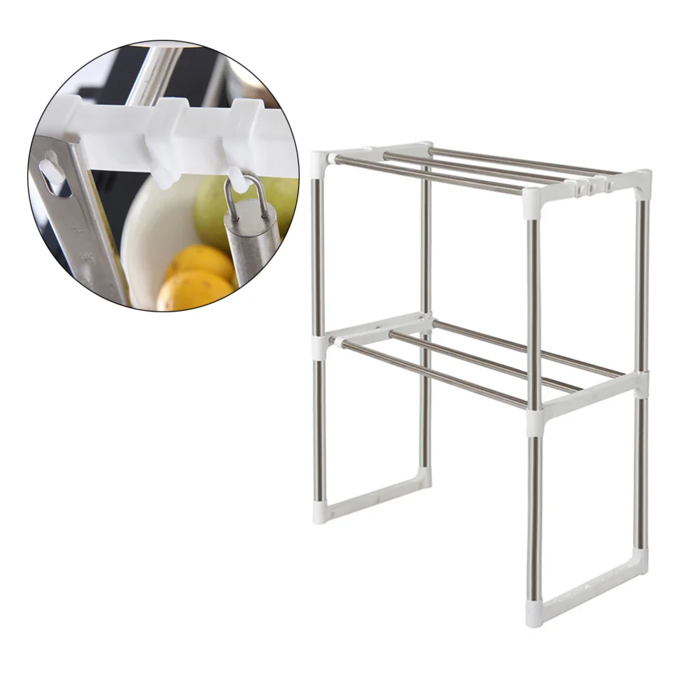 

Stainless Steel Multifunctional Microwave Oven Rack Household Telescopic Pan Pot Storage Shelf Assembly Standing Type Double Lay