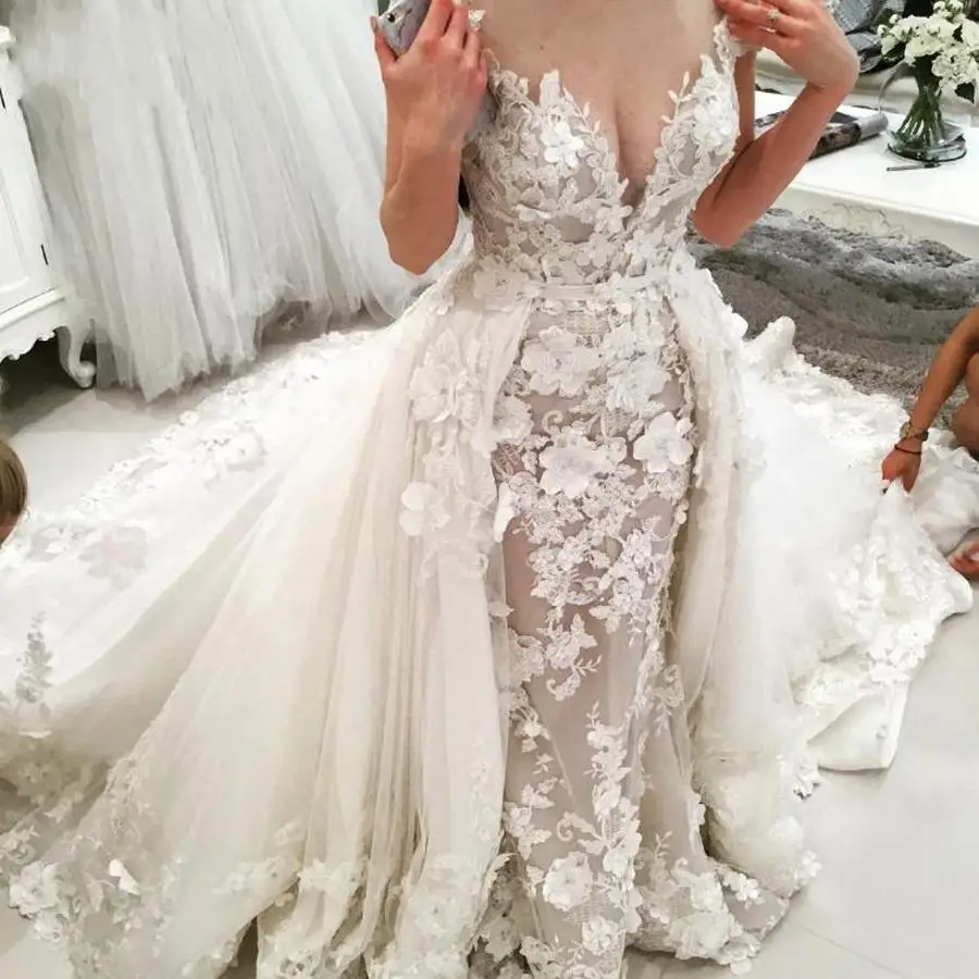 

Vestidos De Novia 3D Floral Appliques Arabic Sexy V Neck Bridal Gowns 2021 Vintage Lace Mermaid Wedding Dress With remove train