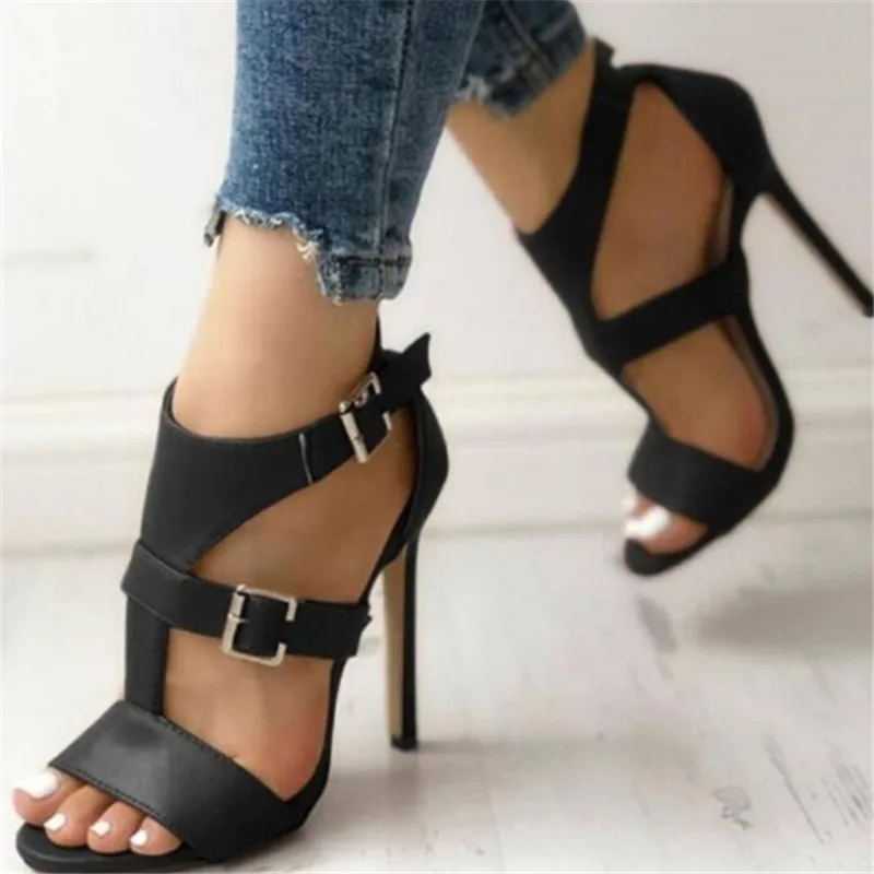 

Hot Women Sandals Summer Gladiator Fine High Heels Leather Peep Toes Ankle Buckle Strap Woman Party Shoes Black Sandalia Mujer