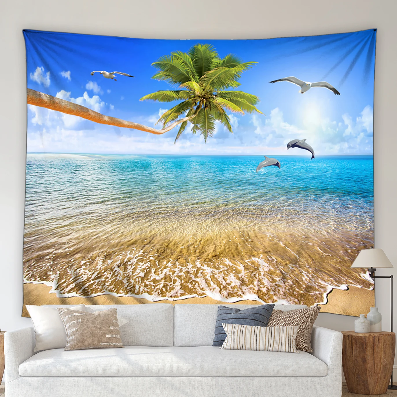 

Ocean Beach Scenery Tapestry Dolphin Green Palm Tree Plant Seagull Sailing Natural Landscape Living Room Wall Hanging Blanket