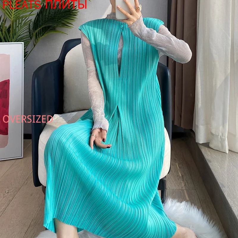 

Miyake folds spring and summer new sleeveless vest dress slim straight dress mid-length pleats vestido fashion