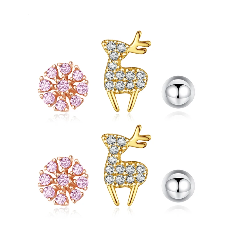 

Anti-allergy S925 Sterling Silver Snowflake Deer Ball Earring Stud Sets Pink Zircon Gold Color Fashion Jewelry Women Gift