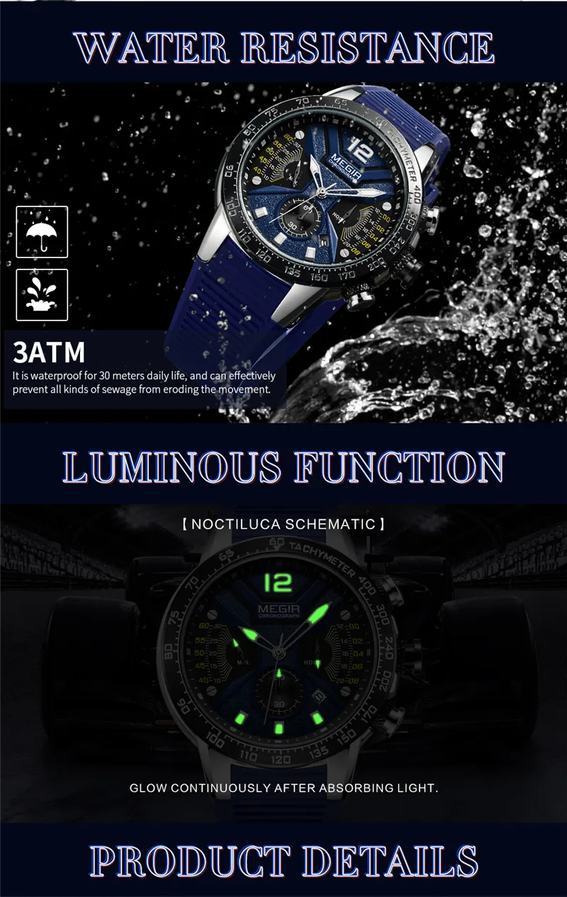 MEGIR часы мужские водонепроницаемые Хронограф Календарь военные Топ бренд