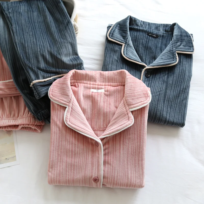 

Casual Striped 2PCS Winter New Pajamas Suit Couple Velvet Warm Home Wear With Pocket Cardigan&Pant Sleepwear Loose Nightwear